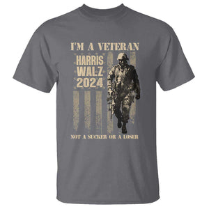 Harris Walz 2024 T Shirt I'm A Veteran Not A Sucker Or A Loser Vintage American Flag Military TS11 Charcoal Print Your Wear