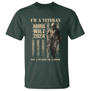 Harris Walz 2024 T Shirt I'm A Veteran Not A Sucker Or A Loser Vintage American Flag Military TS11 Dark Forest Green Print Your Wear