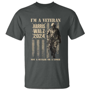 Harris Walz 2024 T Shirt I'm A Veteran Not A Sucker Or A Loser Vintage American Flag Military TS11 Dark Heather Print Your Wear