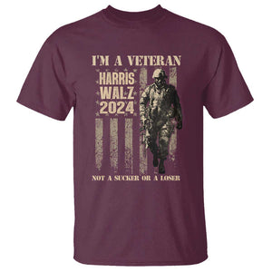 Harris Walz 2024 T Shirt I'm A Veteran Not A Sucker Or A Loser Vintage American Flag Military TS11 Maroon Print Your Wear