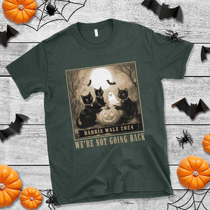 Harris Walz 2024 T Shirt We're Not Going Back Black Cat For Kamala Pumpkin Moon TS11 Dark Forest Green Print Your Wear