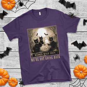 Harris Walz 2024 T Shirt We're Not Going Back Black Cat For Kamala Pumpkin Moon TS11 Purple Print Your Wear