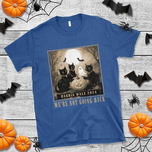 Harris Walz 2024 T Shirt We're Not Going Back Black Cat For Kamala Pumpkin Moon TS11 Royal Blue Print Your Wear