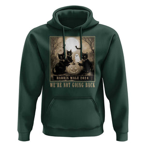 Harris Walz 2024 Hoodie We're Not Going Back Black Cat For Kamala Pumpkin Moon TS11 Dark Forest Green Print Your Wear