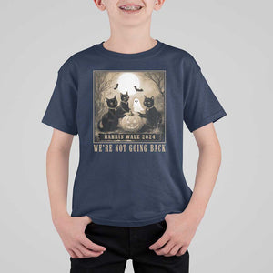 Harris Walz 2024 T Shirt For Kid We're Not Going Back Black Cat For Kamala Pumpkin Moon TS11 Navy Print Your Wear