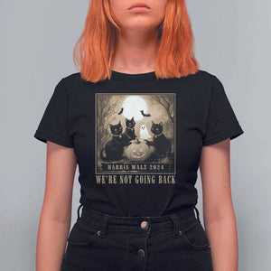 Harris Walz 2024 T Shirt For Women We're Not Going Back Black Cat For Kamala Pumpkin Moon TS11 Black Print Your Wear