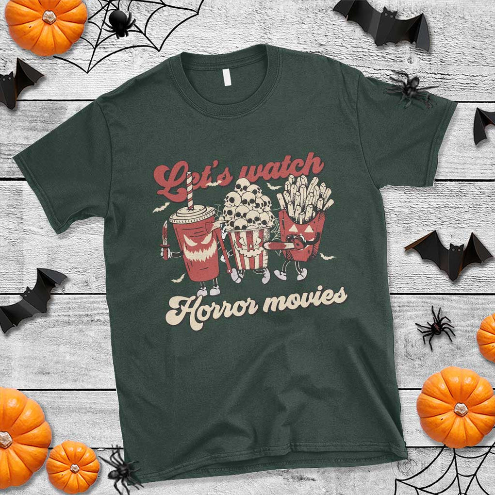 Funny Halloween T Shirt Let's Watch Horror Movies Popcorn Drinks Murderer Bat TS11 Dark Forest Green Print Your Wear