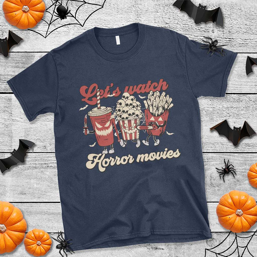 Funny Halloween T Shirt Let's Watch Horror Movies Popcorn Drinks Murderer Bat TS11 Navy Print Your Wear