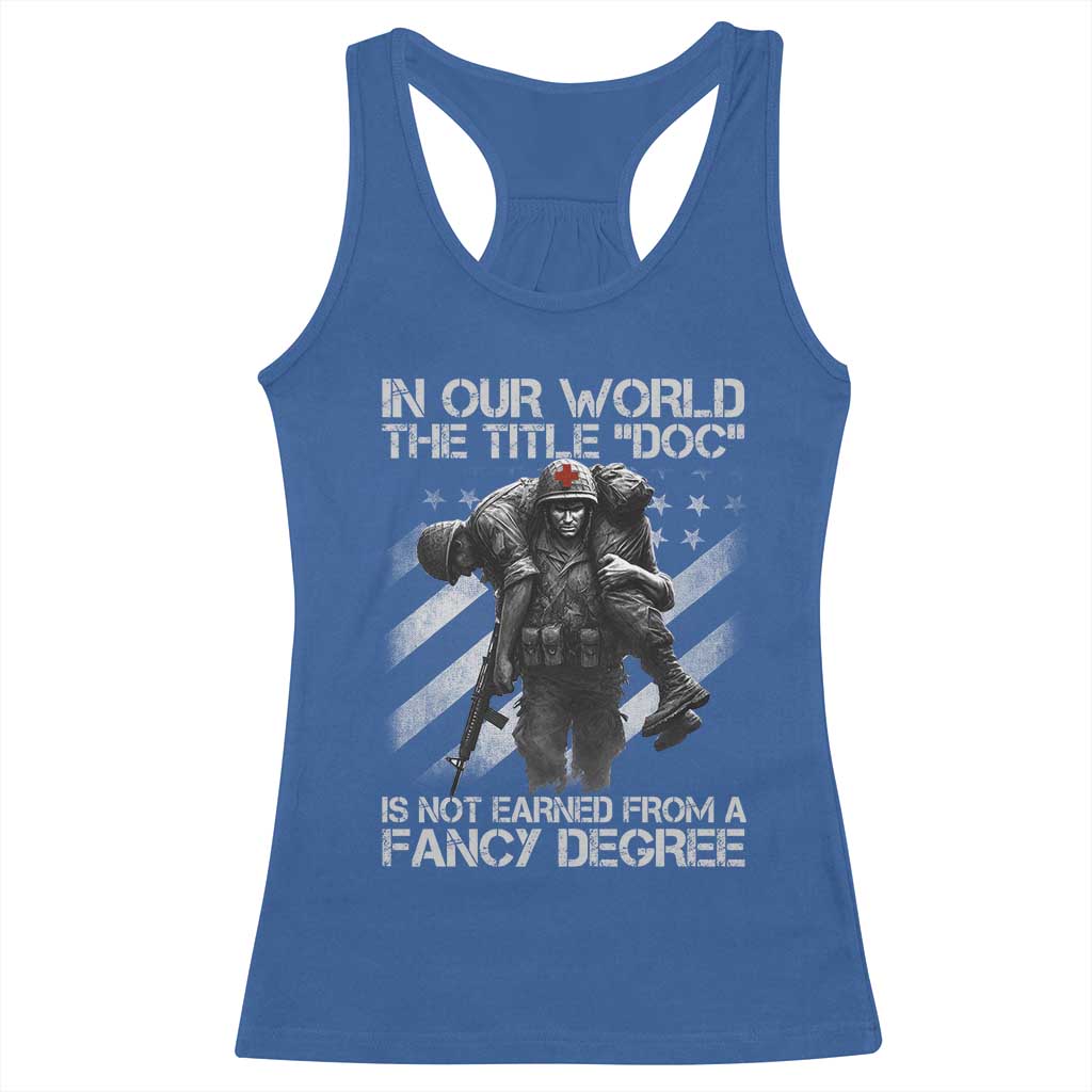 Combat Medic Racerback Tank Top In Our World The Title Doc Is Not Earned Form A Fancy Degree TS11 Royal Blue Print Your Wear