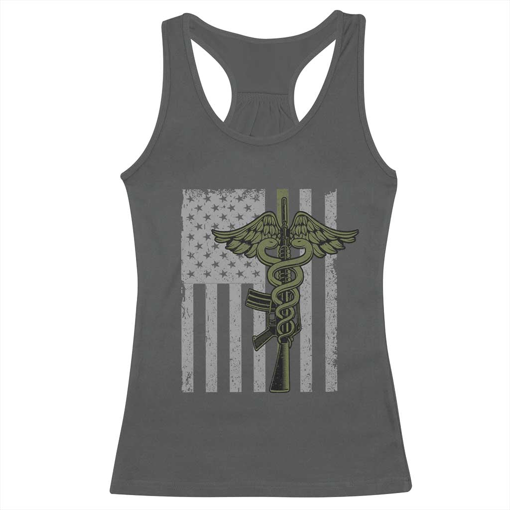 Combat Medic Soldier Racerback Tank Top Caduceus Vintage American Flag TS11 Dark Heather Print Your Wear