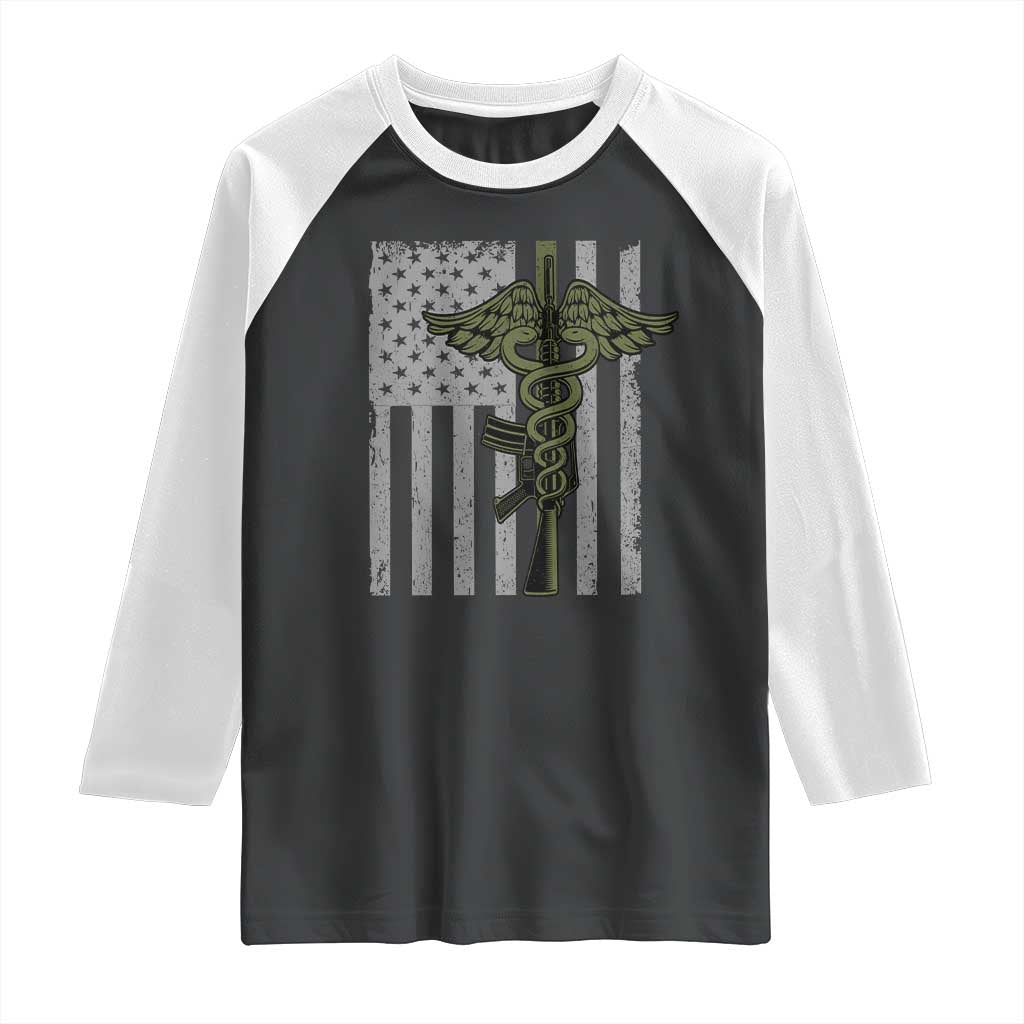 Combat Medic Soldier Raglan Shirt Caduceus Vintage American Flag TS11 Black White Print Your Wear