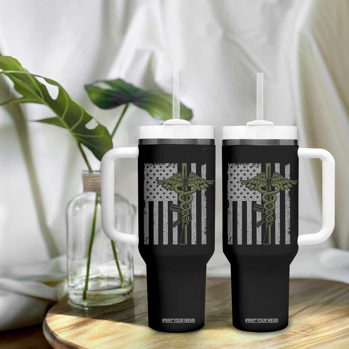 Combat Medic Soldier Tumbler With Handle Caduceus Vintage American Flag TS11 Print Your Wear