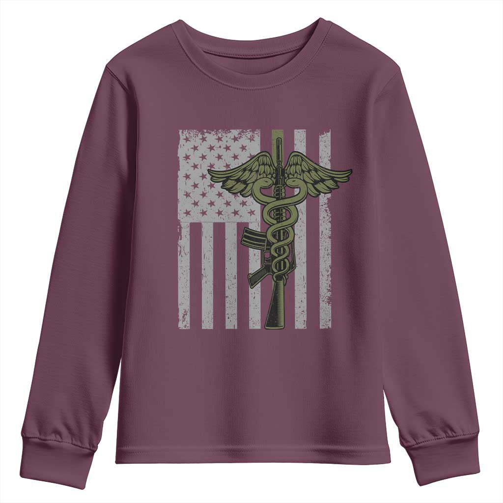 Combat Medic Soldier Youth Sweatshirt Caduceus Vintage American Flag TS11 Maroon Print Your Wear