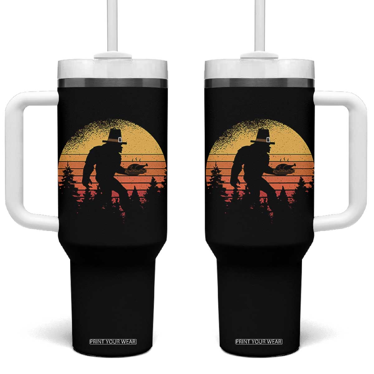Bigfoot Pilgrim Turkey Pumpkin Thanksgiving Day Tumbler With Handle TS11 One Size: 40 oz Black Print Your Wear