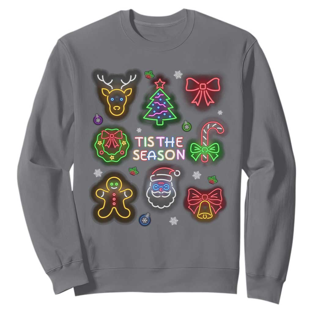 Funny Christmas Sweatshirt Tis The Season Neon Lights Santa Gingerbread TS11 Charcoal Print Your Wear