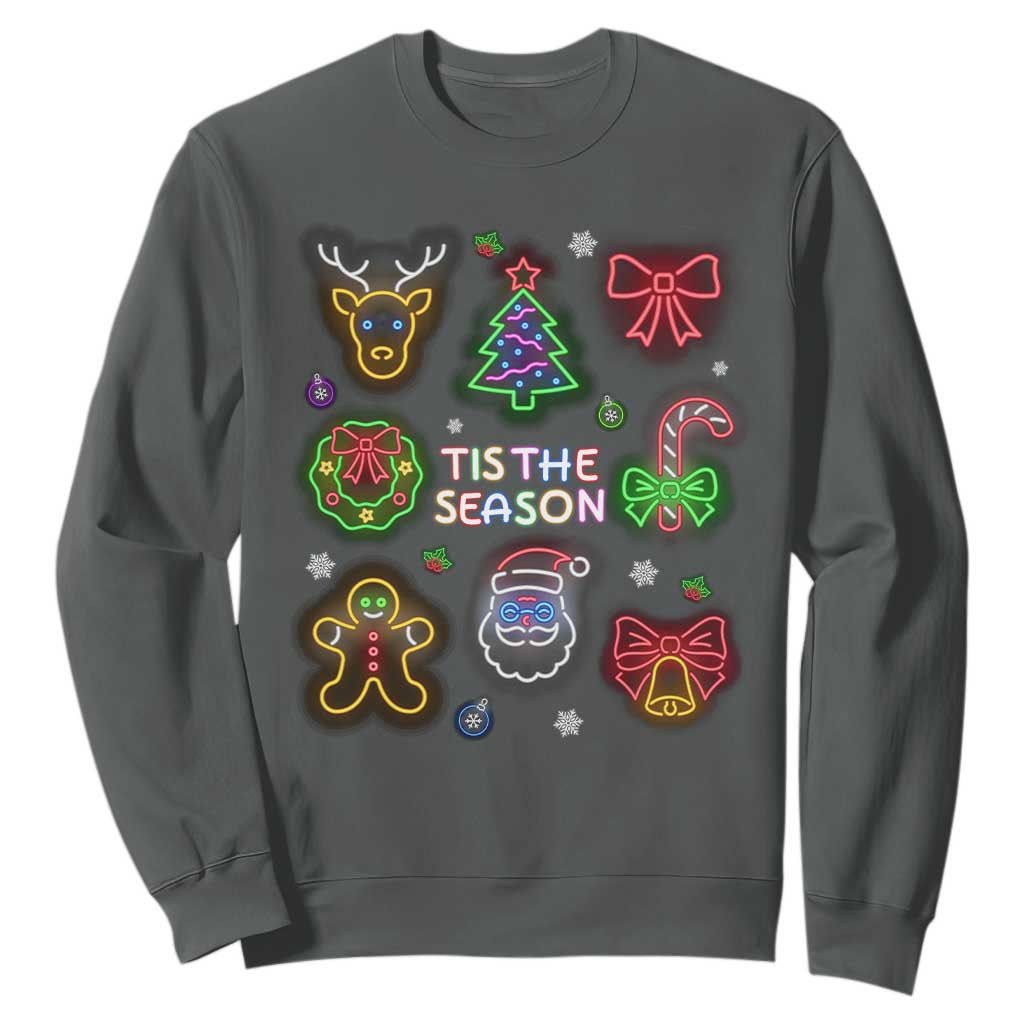 Funny Christmas Sweatshirt Tis The Season Neon Lights Santa Gingerbread TS11 Dark Heather Print Your Wear