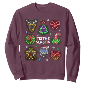 Funny Christmas Sweatshirt Tis The Season Neon Lights Santa Gingerbread TS11 Maroon Print Your Wear