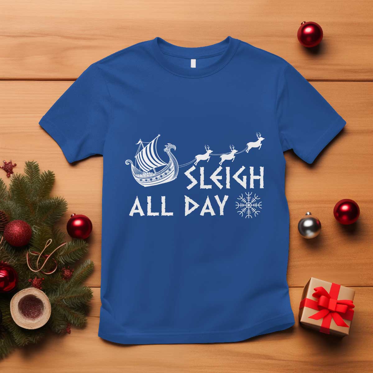 Christmas Viking T Shirt Sleigh All Day Reindeers Longships TS11 Royal Blue Print Your Wear