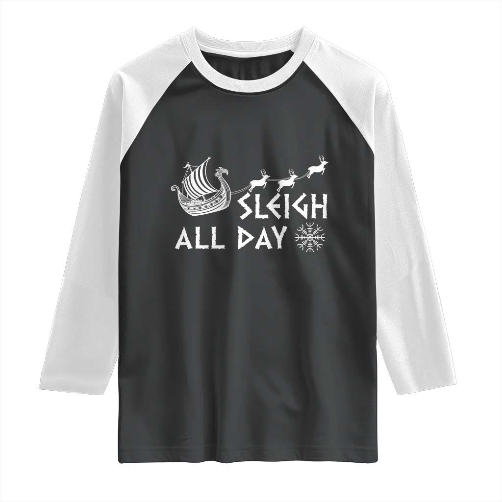 Christmas Viking Raglan Shirt Sleigh All Day Reindeers Longships TS11 Black White Print Your Wear
