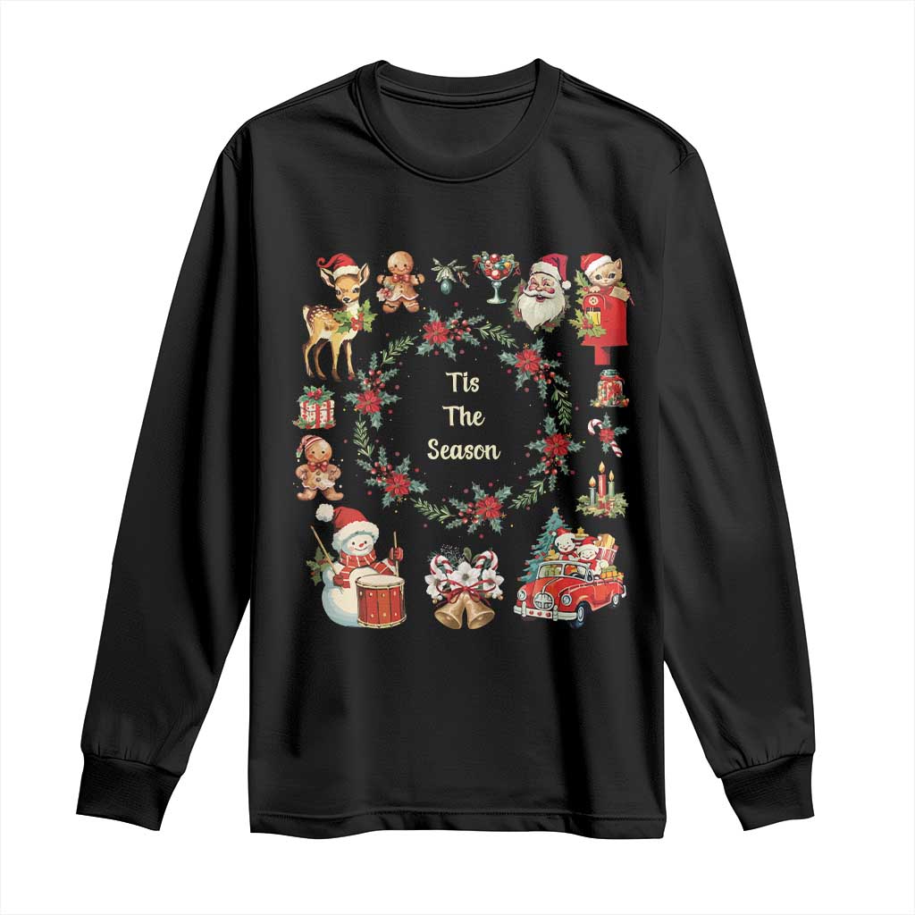 Retro Vintage Christmas Long Sleeve Shirt Tis The Season Santa Hat Xmas Wrealth TS11 Black Print Your Wear