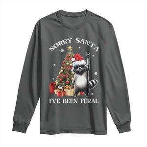 Funny Christmas Racoon Long Sleeve Shirt Sorry Santa I've Been Feral Xmas Hat TS11 Dark Heather Print Your Wear