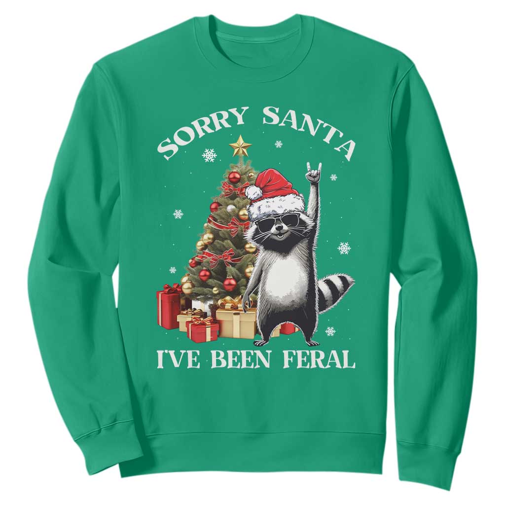 Funny Christmas Racoon Sweatshirt Sorry Santa I've Been Feral Xmas Hat TS11 Irish Green Print Your Wear
