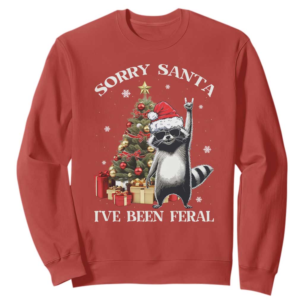 Funny Christmas Racoon Sweatshirt Sorry Santa I've Been Feral Xmas Hat TS11 Red Print Your Wear