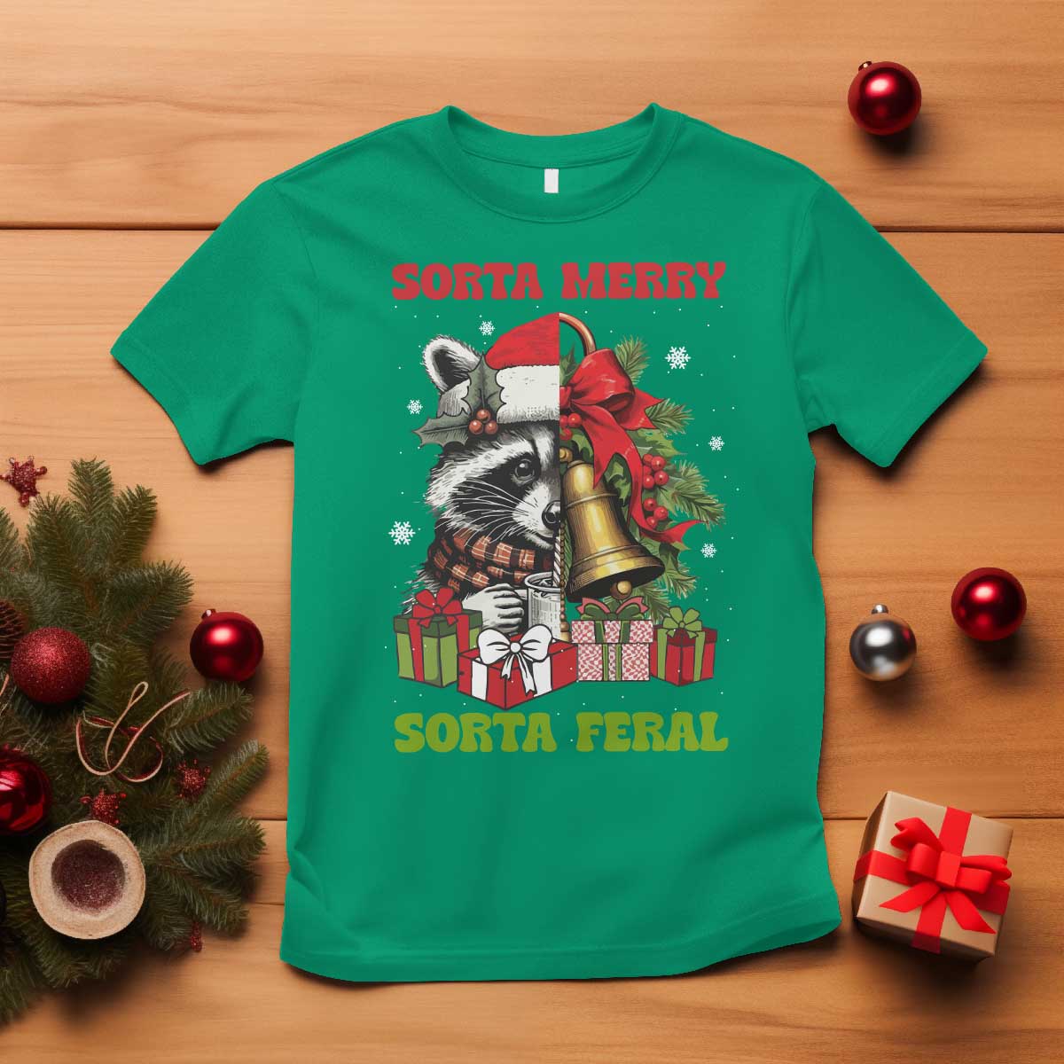 Funny Christmas Racoon T Shirt Sorta Merry Sorta Feral Xmas Wreath TS11 Irish Green Print Your Wear