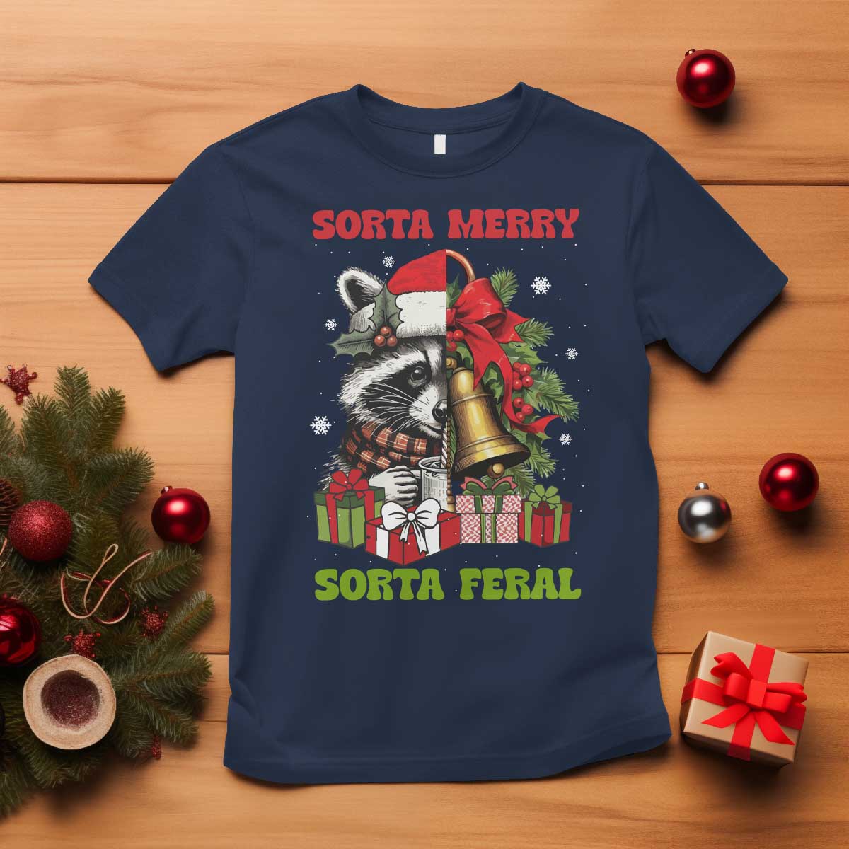 Funny Christmas Racoon T Shirt Sorta Merry Sorta Feral Xmas Wreath TS11 Navy Print Your Wear