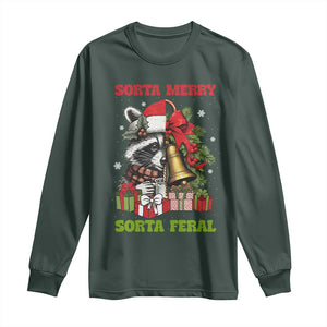 Funny Christmas Racoon Long Sleeve Shirt Sorta Merry Sorta Feral Xmas Wreath TS11 Dark Forest Green Print Your Wear