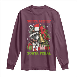 Funny Christmas Racoon Long Sleeve Shirt Sorta Merry Sorta Feral Xmas Wreath TS11 Maroon Print Your Wear