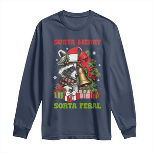 Funny Christmas Racoon Long Sleeve Shirt Sorta Merry Sorta Feral Xmas Wreath TS11 Navy Print Your Wear