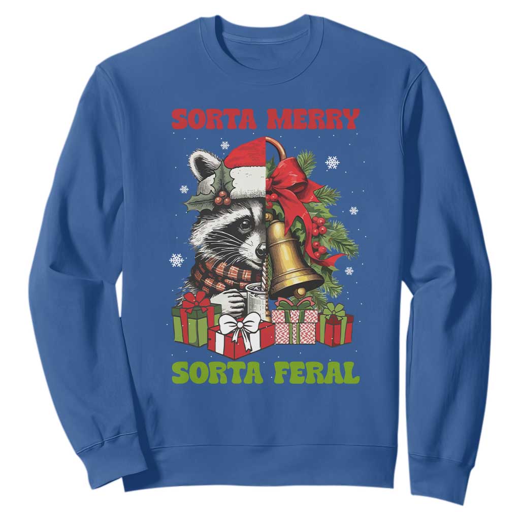Funny Christmas Racoon Sweatshirt Sorta Merry Sorta Feral Xmas Wreath TS11 Royal Blue Print Your Wear