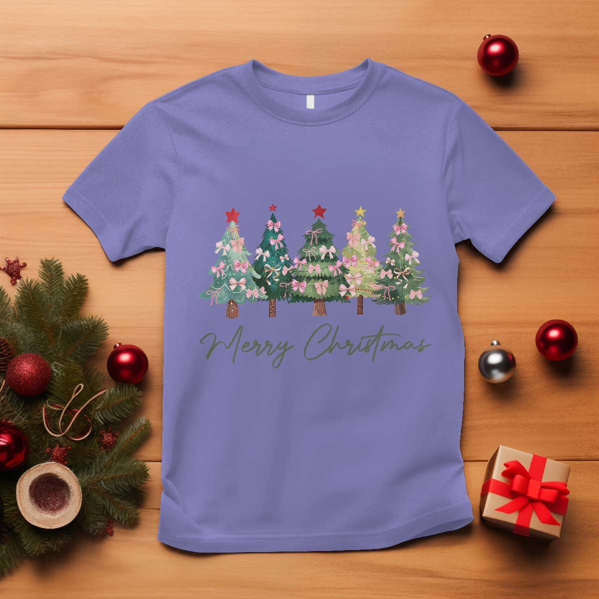 Merry Christmas Coquette Xmas Tree T Shirt Cute Pink Bow TS11 Violet Print Your Wear