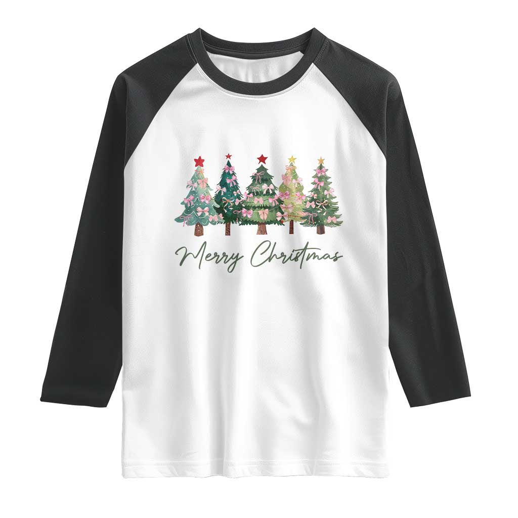 Merry Christmas Coquette Xmas Tree Raglan Shirt Cute Pink Bow TS11 White Black Print Your Wear