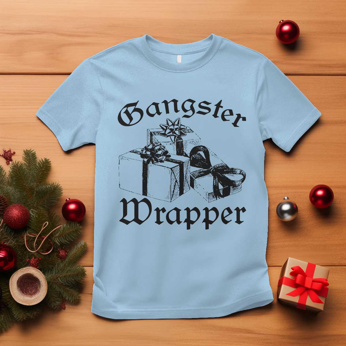 Funny Christmas T Shirt Gangster Wrapper Vintage Presents Gift TS11 Light Blue Print Your Wear