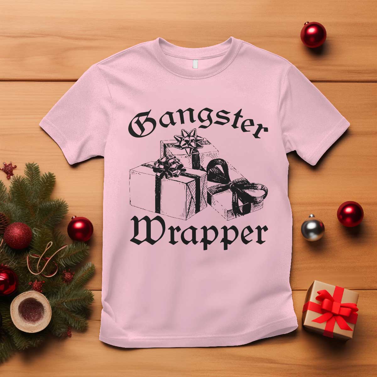 Funny Christmas T Shirt Gangster Wrapper Vintage Presents Gift TS11 Light Pink Print Your Wear