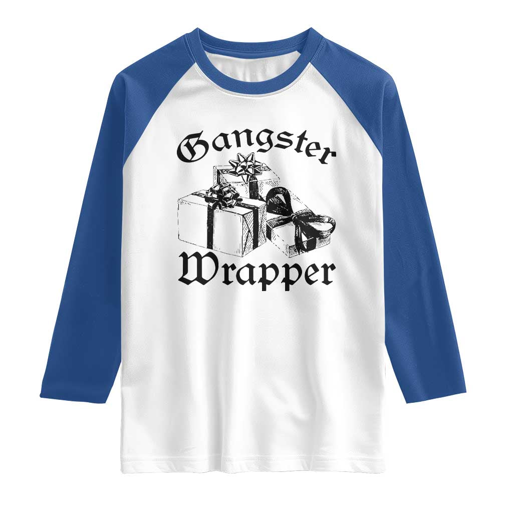 Funny Christmas Raglan Shirt Gangster Wrapper Vintage Presents Gift TS11 White Royal Print Your Wear