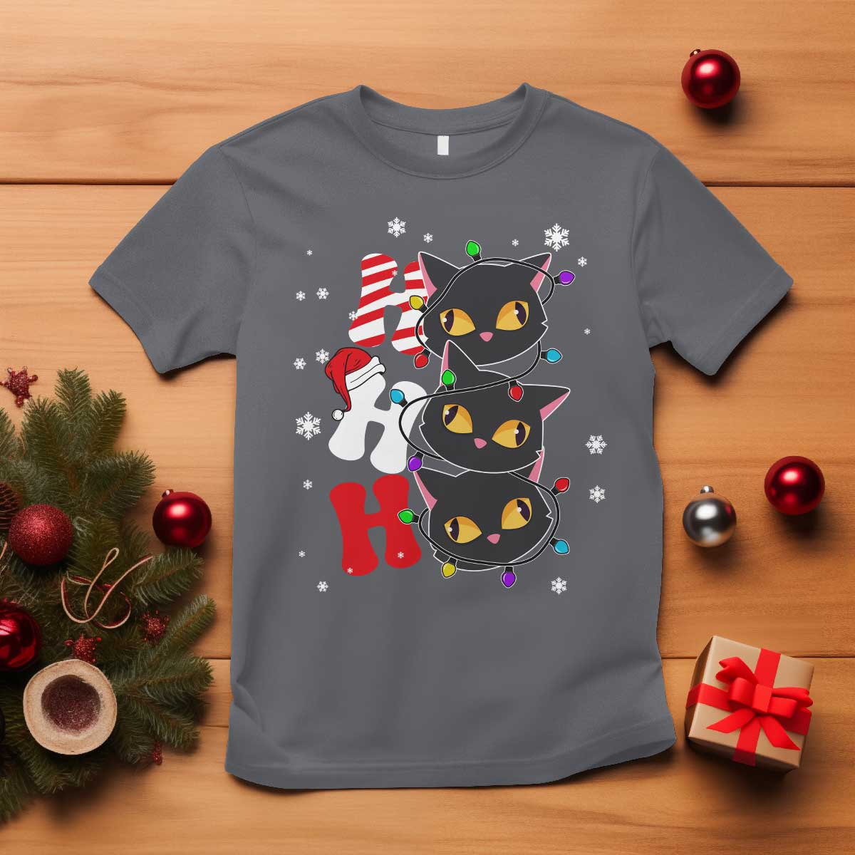 Funny Christmas Black Cat Triple Ho T Shirt TS11 Charcoal Print Your Wear