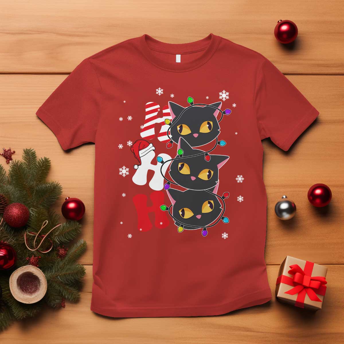 Funny Christmas Black Cat Triple Ho T Shirt TS11 Red Print Your Wear