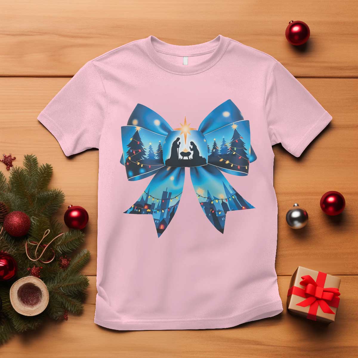 Jesus God Nativity Scene Coquette Bow Christmas T Shirt TS11 Light Pink Print Your Wear