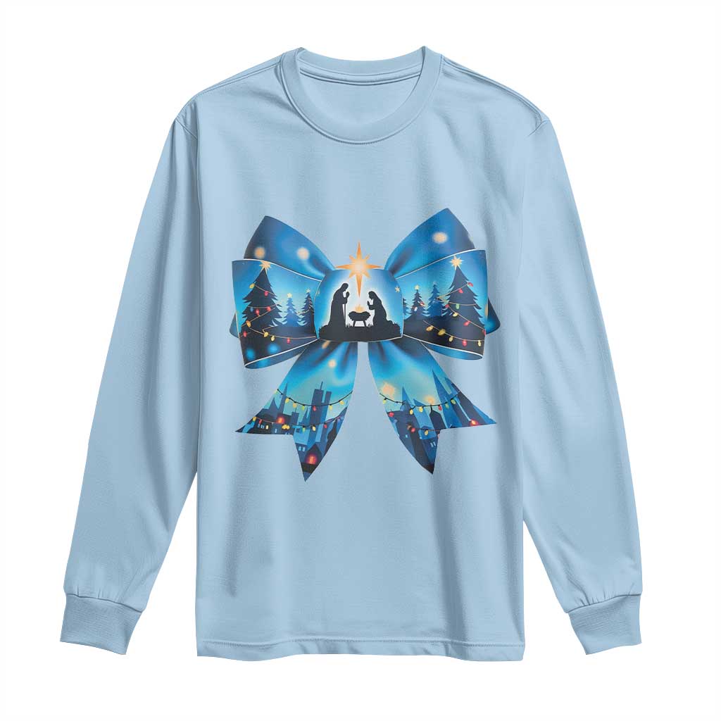 Jesus God Nativity Scene Coquette Bow Christmas Long Sleeve Shirt TS11 Light Blue Print Your Wear