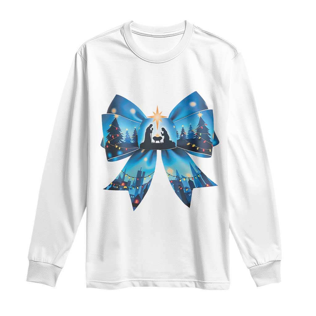 Jesus God Nativity Scene Coquette Bow Christmas Long Sleeve Shirt TS11 White Print Your Wear