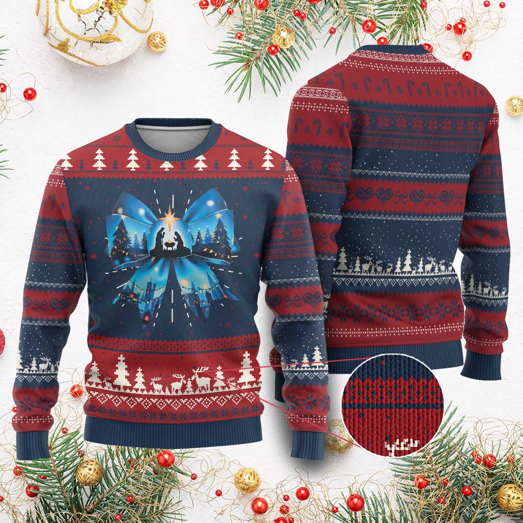 Jesus God Nativity Scene Coquette Bow Xmas Ugly Christmas Sweater TS11 Burgundy Print Your Wear