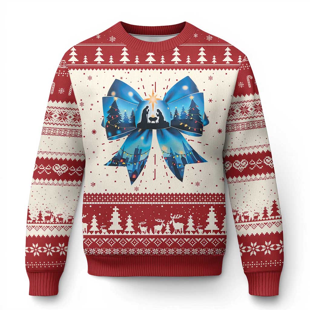 Jesus God Nativity Scene Coquette Bow Xmas Ugly Christmas Sweater TS11 Red Print Your Wear