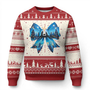 Jesus God Nativity Scene Coquette Bow Xmas Ugly Christmas Sweater TS11 Red Print Your Wear