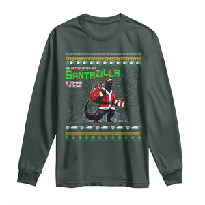 Funny Christmas Santa Godzilla Long Sleeve Shirt You Better Watch Out Santazilla Is Coming To Town TS11 Dark Forest Green Print Your Wear