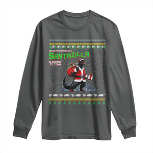 Funny Christmas Santa Godzilla Long Sleeve Shirt You Better Watch Out Santazilla Is Coming To Town TS11 Dark Heather Print Your Wear