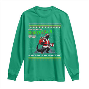 Funny Christmas Santa Godzilla Long Sleeve Shirt You Better Watch Out Santazilla Is Coming To Town TS11 Irish Green Print Your Wear