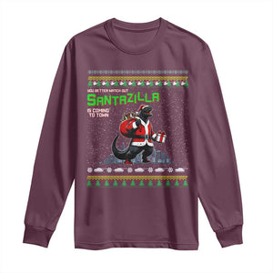 Funny Christmas Santa Godzilla Long Sleeve Shirt You Better Watch Out Santazilla Is Coming To Town TS11 Maroon Print Your Wear